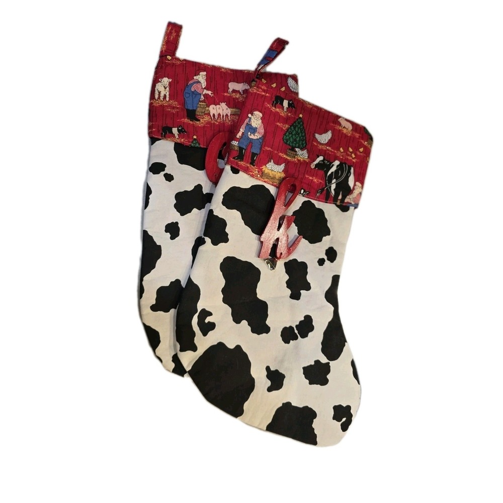 Lot Of 2 Christmas stockings black‎ & white cow print  farm Animals Farmer Santa